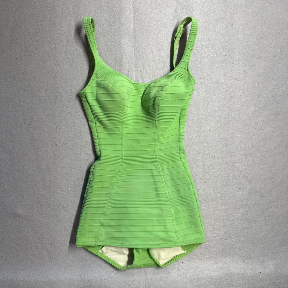 Vintage 60s Lime Neon Green Pintuck Ribbed Pinup Swimsuit One Piece Boy Cut Med